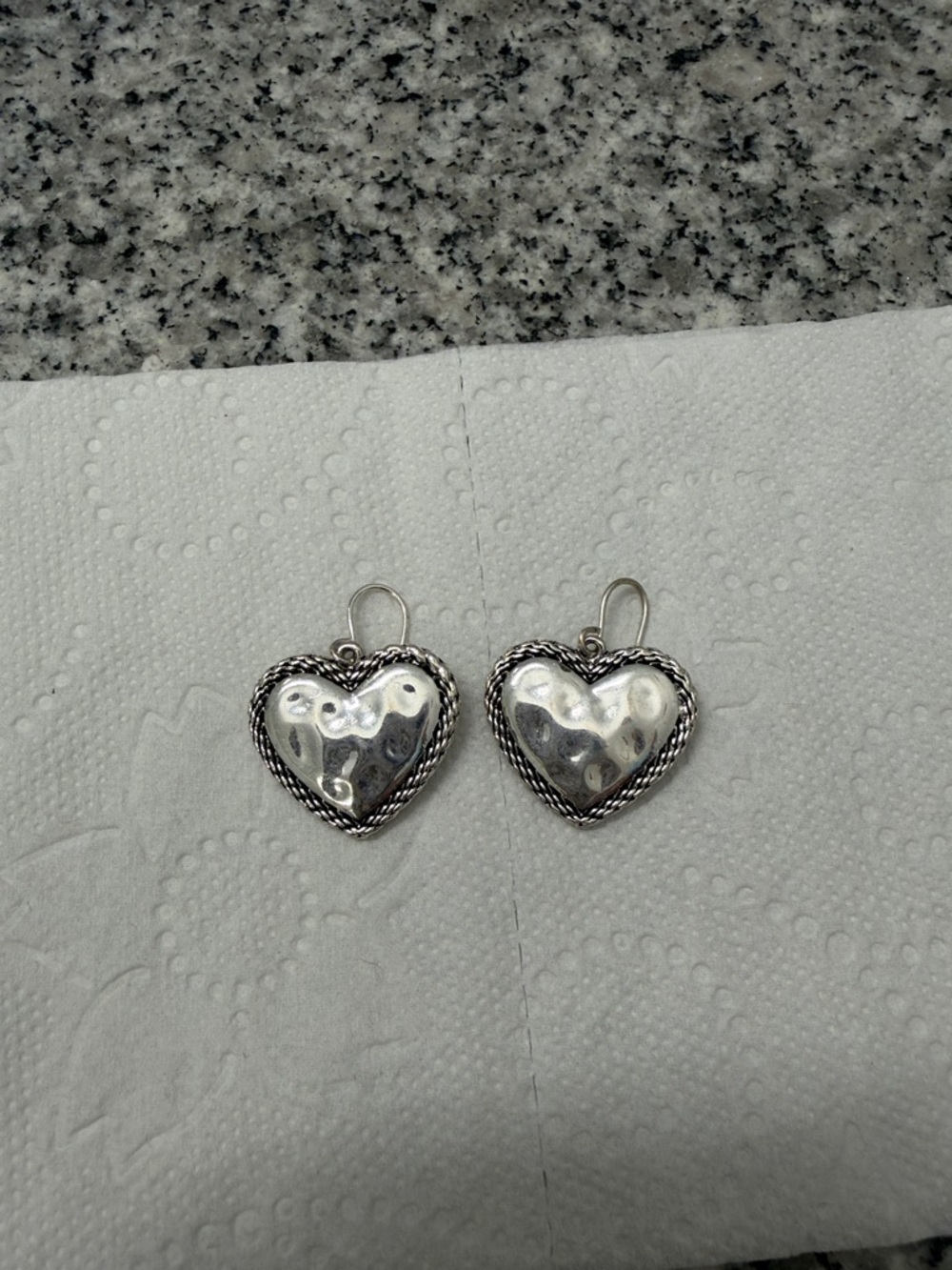 Heart Drop Earrings - Polished Hammered Design